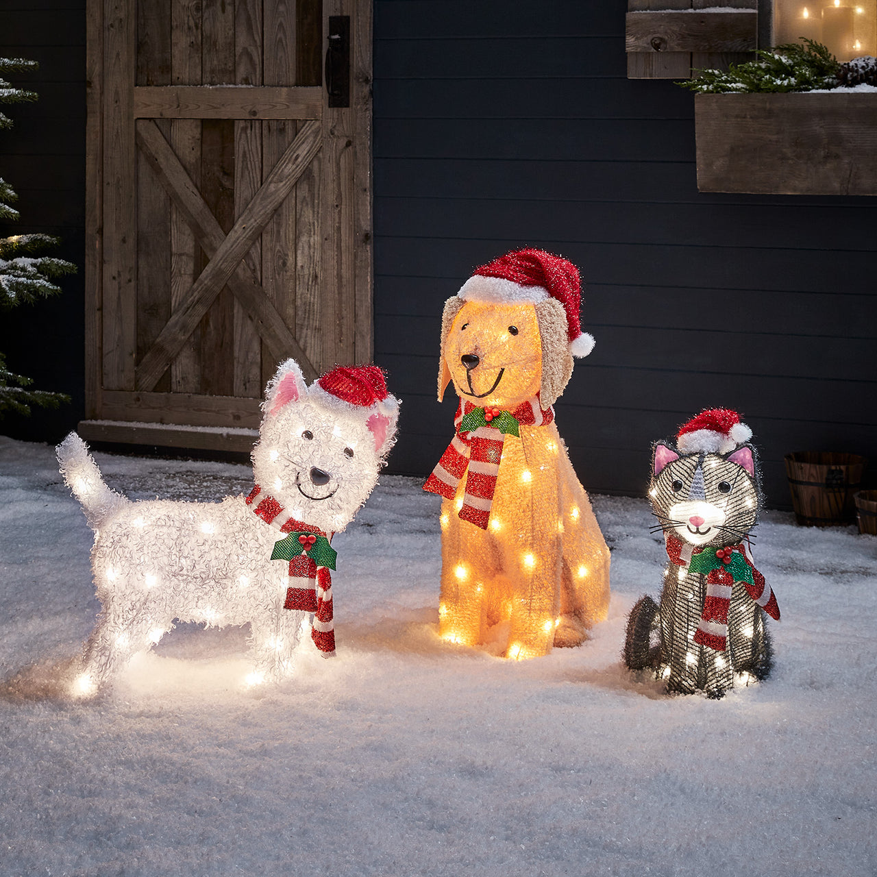 Dog & Cat Outdoor Christmas Figure Trio