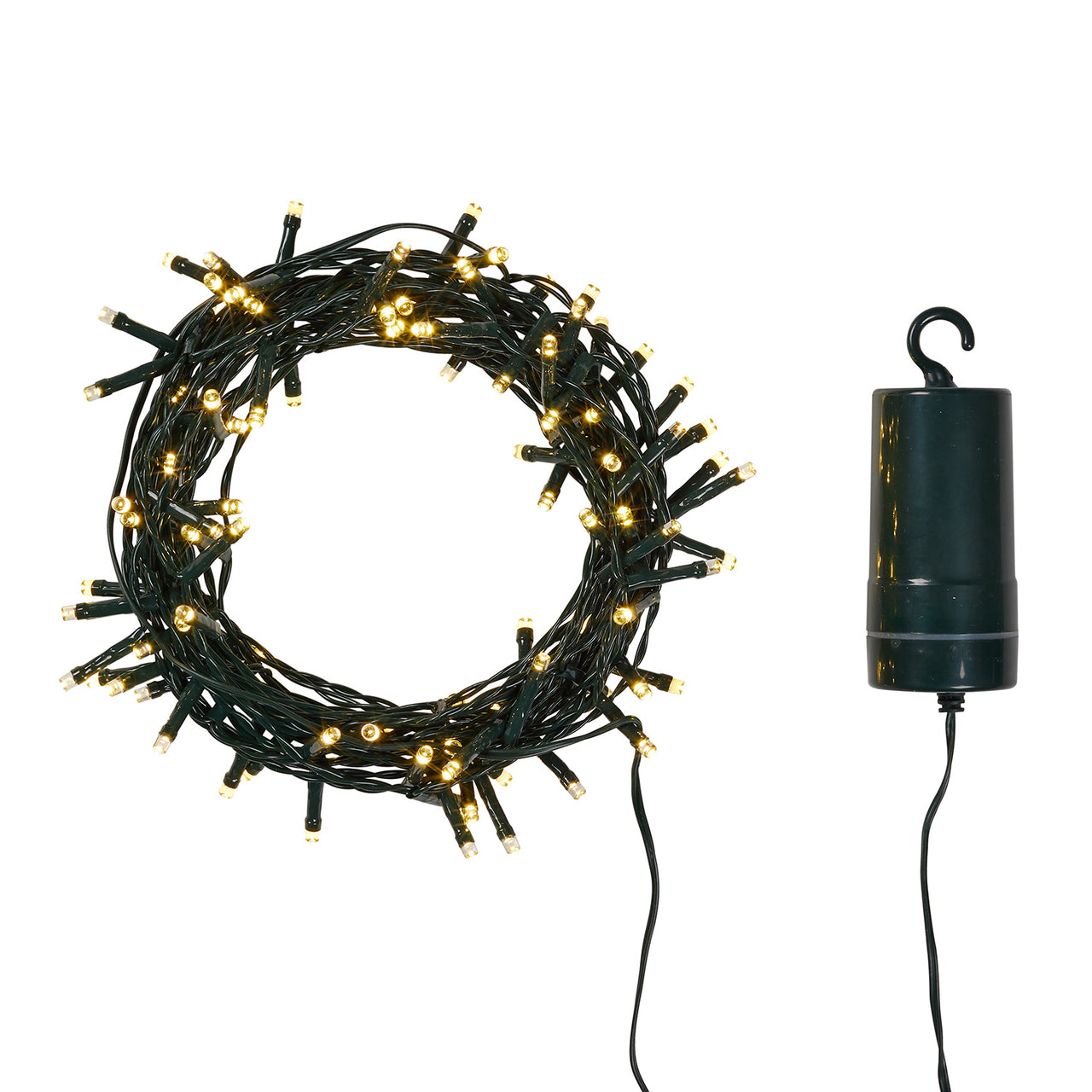 100 Warm White LED Outdoor Battery Fairy Lights On Green Cable