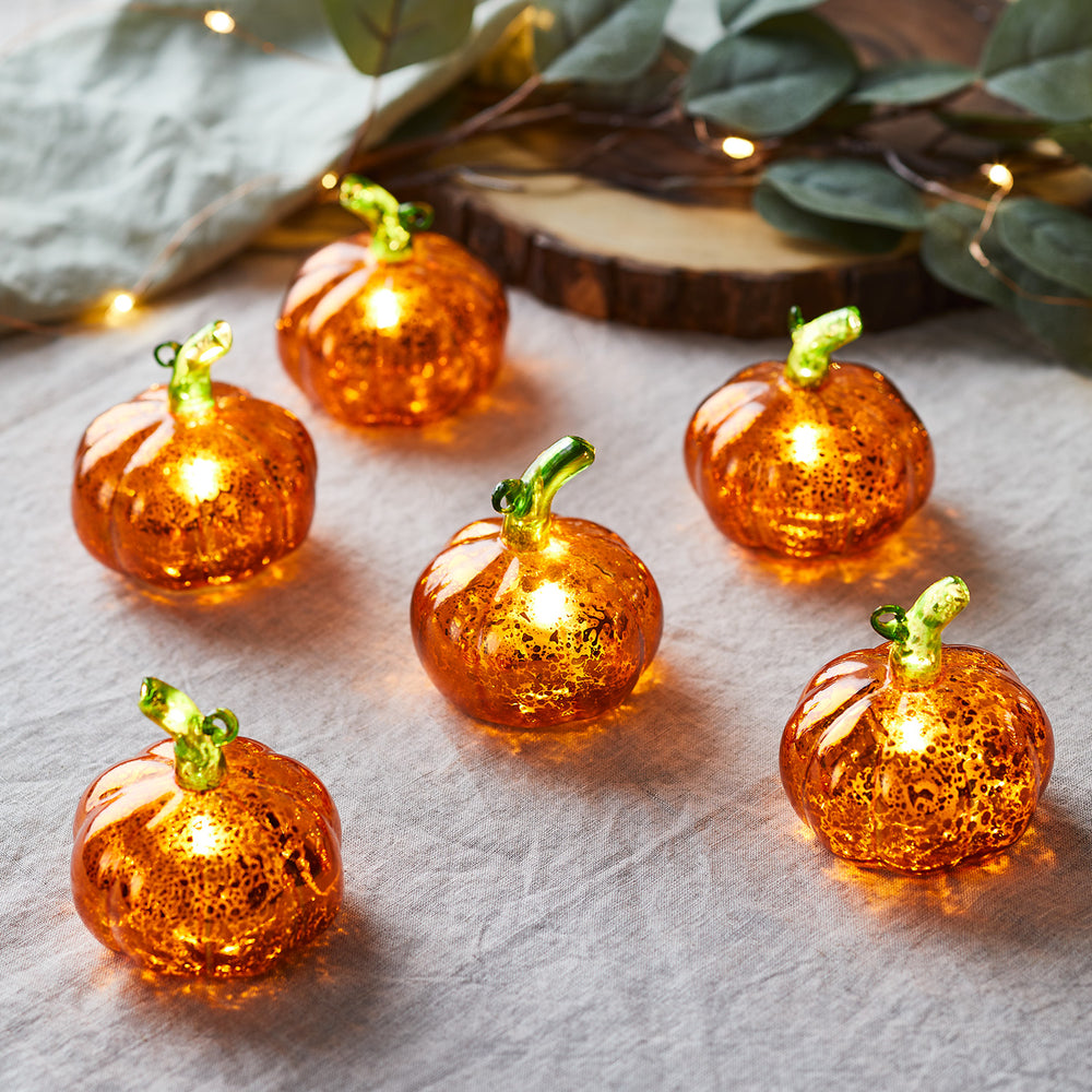 6 Mini LED Glass Pumpkins
