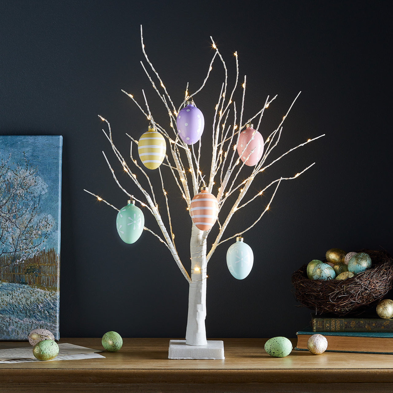 65cm Pre Lit Twig Tree & 6 Easter Egg Decorations