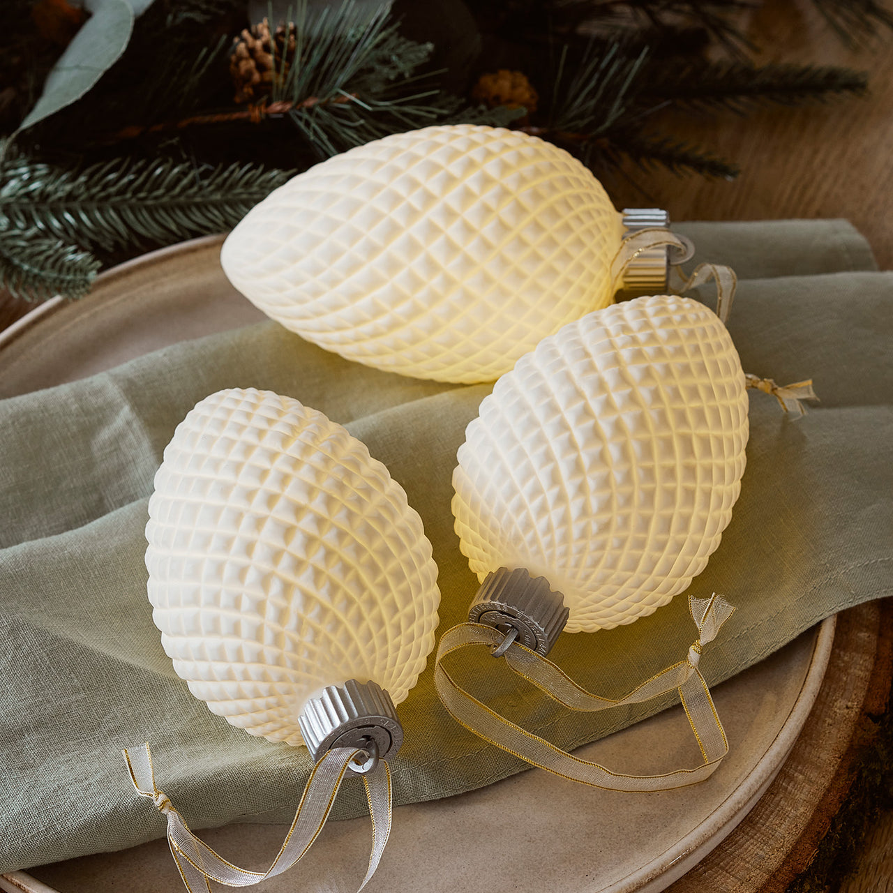 Ceramic Pinecone LED Christmas Bauble Trio