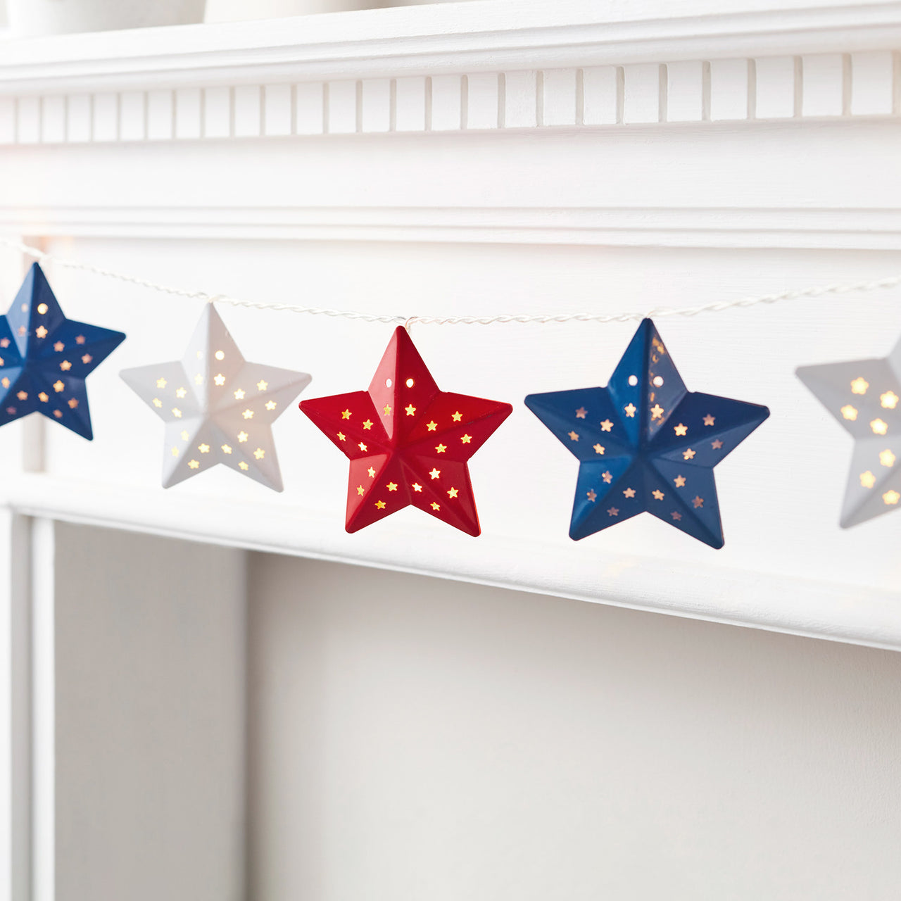 12 Red, White & Blue Metal Star Fairy Lights