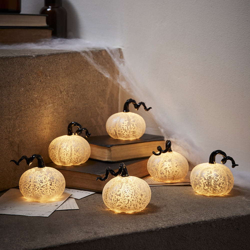 6 Mini Antique Silver Light Up Pumpkin Decorations