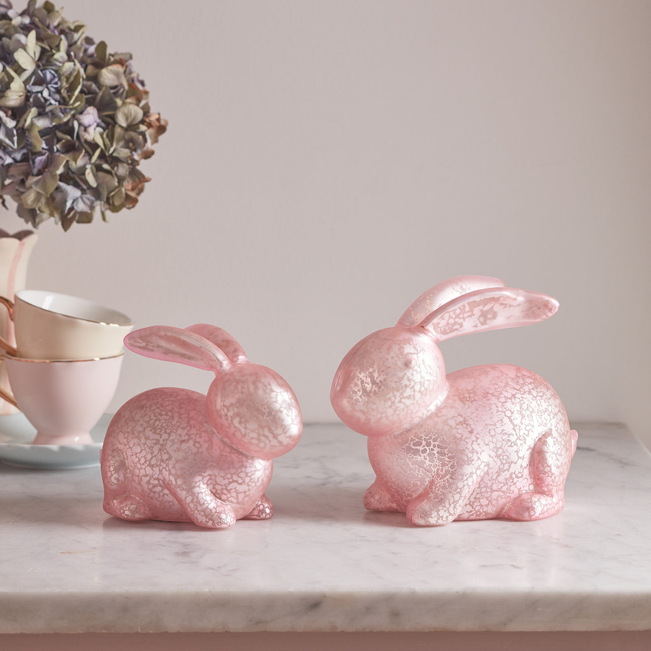 2 Pink Mottled Glass Bunny Easter Decorations