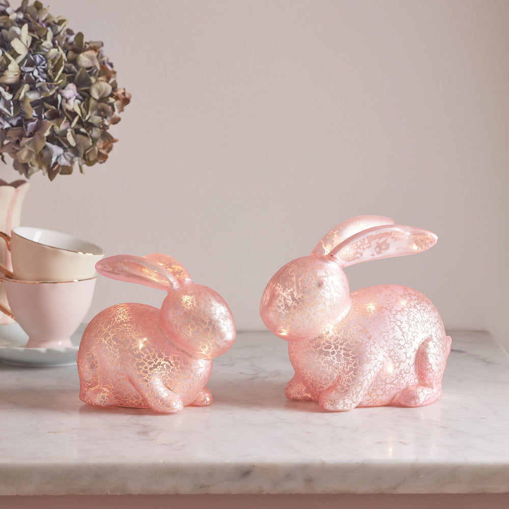 2 Pink Mottled Glass Bunny Easter Decorations