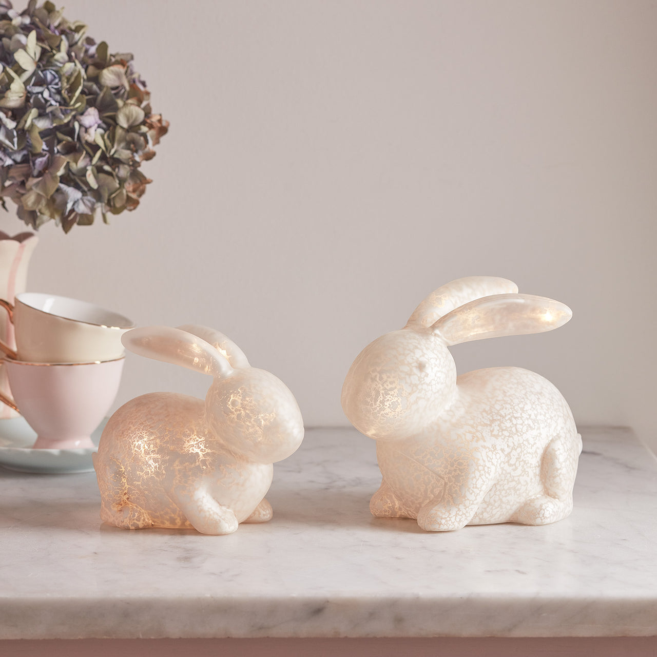 2 White Mottled Glass Bunny Easter Decorations