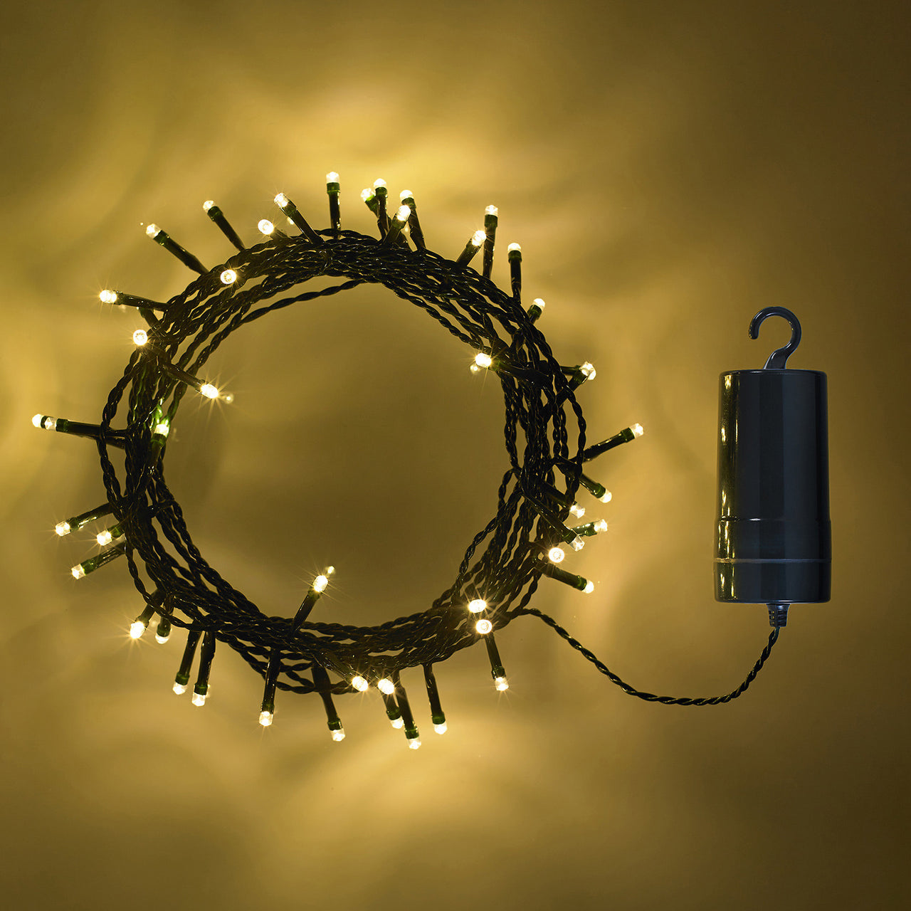 50 Warm White LED Outdoor Battery Fairy Lights On Green Cable