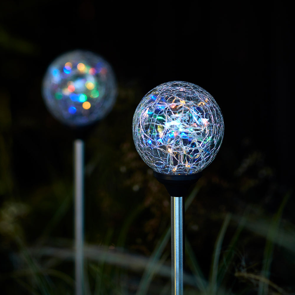 2 Crackle Glass Multi coloured Solar Stake Lights