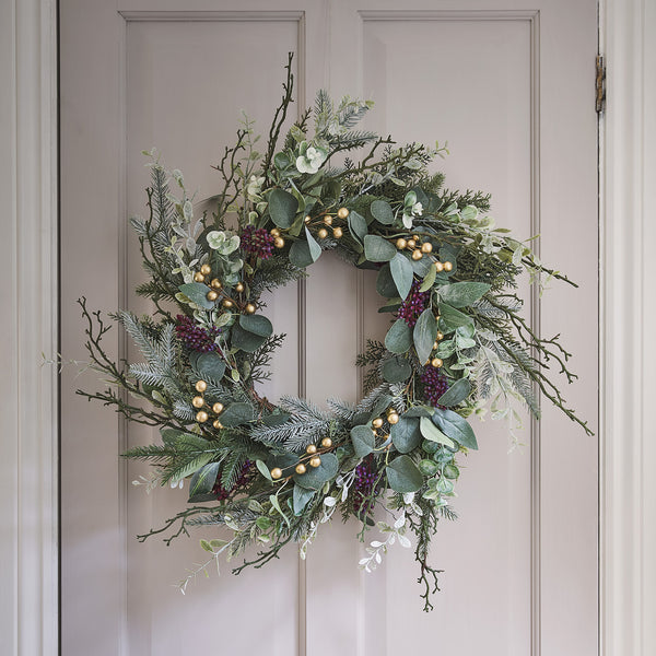 Eucalyptus, Pine & Gold Berry Christmas Wreath and Garland